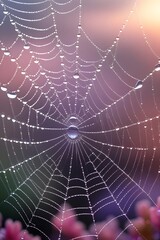 Naklejka premium Close-up of a dewy spiderweb adorned with water droplets, glistening against a soft, colorful bokeh background in morning light.