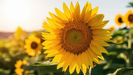 Obraz premium Closeup of a vibrant yellow sunflower with green center illuminated by warm sunlight with blurred background of sunlit sunflowers in summer fields