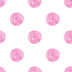 Polka dots pink seamless pattern crayon drawn. Circle spins endless background. Birthday round spirals by pencil repeat cover. Scribble spots marker draw. Vector surface design festive motif.