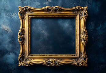Elegant Ornate Gold Frame on Textured Blue Wall
