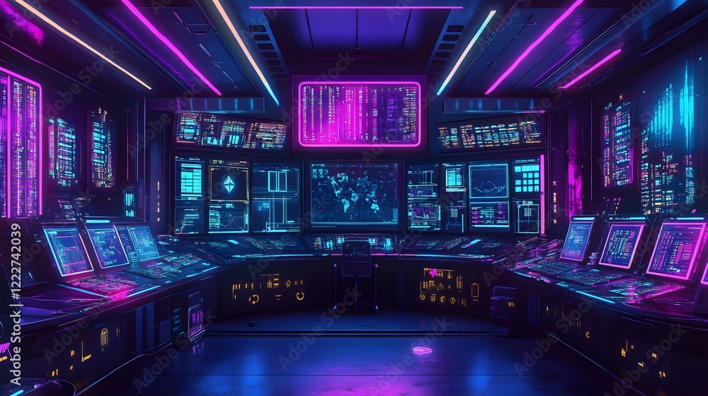 Poster a high-tech control room filled with holographic panels displaying algorithms, nodes voting in uniso
