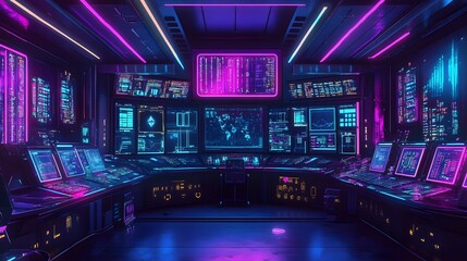 Fototapeta premium A high-tech control room filled with holographic panels displaying algorithms, nodes voting in unison to validate a blockchain, illuminated by pulsating neon lights, symbolizing Proof of Stake and Pro