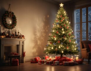 Glittering lights and decorations adorning a Christmas tree, festive atmosphere, ornaments, winter wonderland ambiance