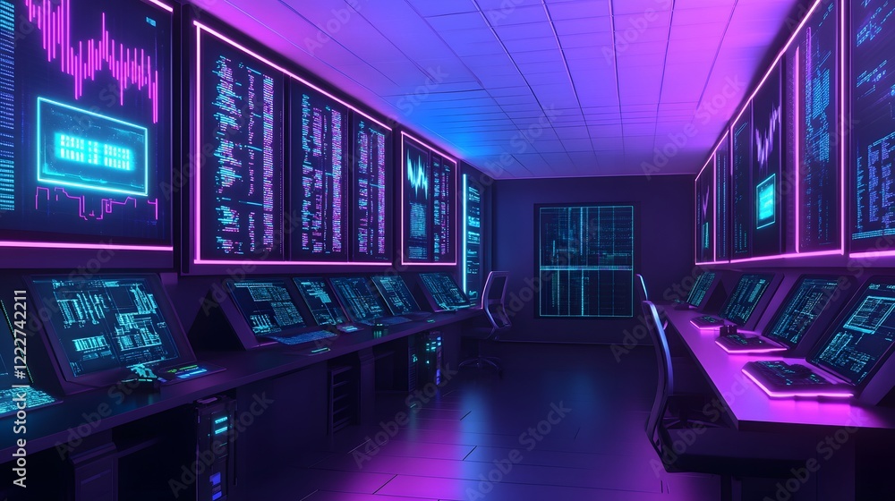Poster a high-tech control room filled with holographic panels displaying algorithms, nodes voting in uniso