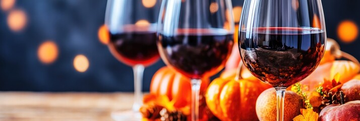 Autumn wine tasting with pumpkins. Festive fall drinks