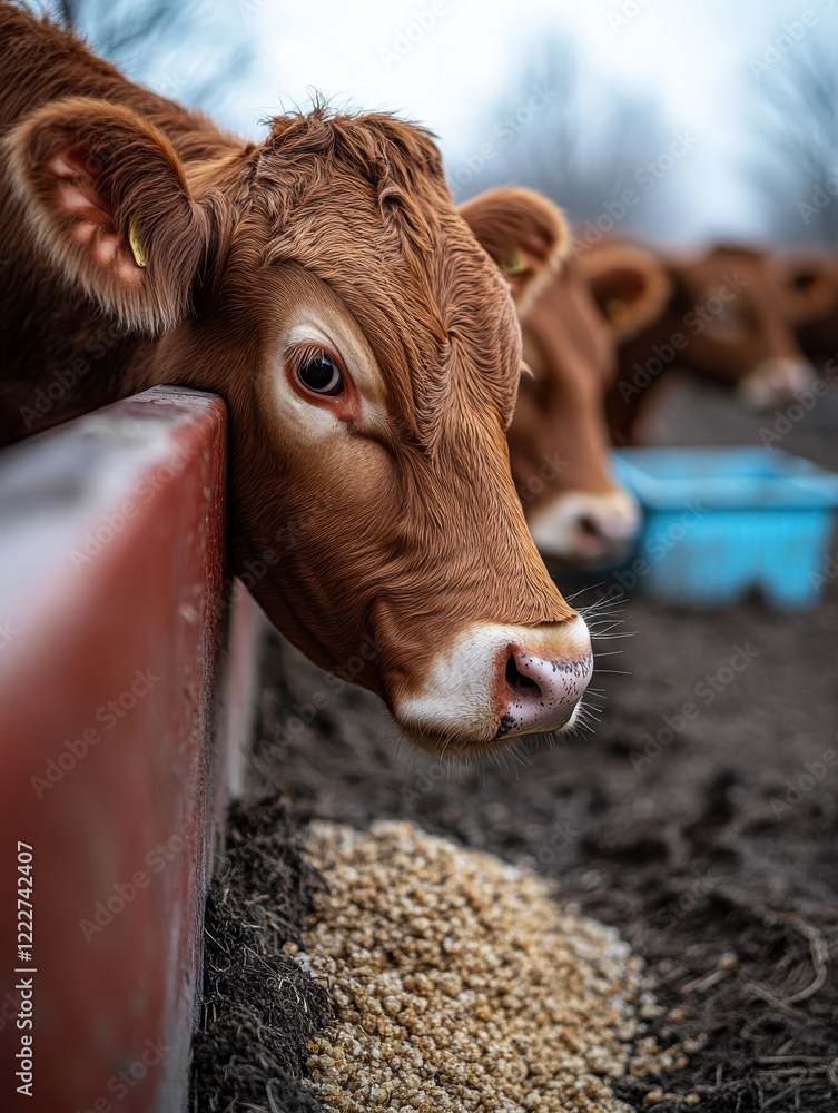 Poster close-up of a brown cow looking over a feeding trough with a soft focus background of additional cat