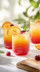 Refreshing summer cocktails with vibrant orange and red layers, garnished with orange slices, raspberries, and mint, on a sunny table.