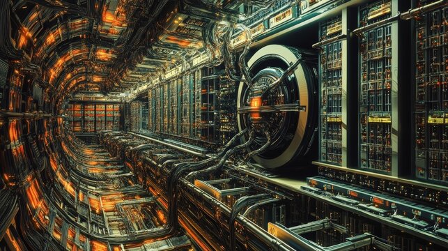A detailed 3D illustration of the inner workings of a supercomputer