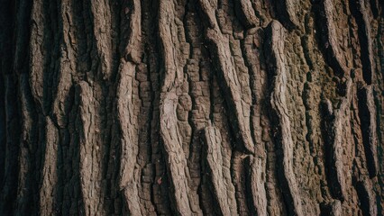 Closeup view of textured tree bark displaying intricate, vertical patterns in rich brown and dark tones emphasizing natural details and rugged texture.