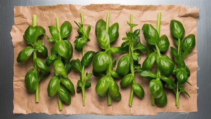 Fresh green basil twigs neatly arranged on crumpled brown paper against a metallic background with ample negative space for text insertion.