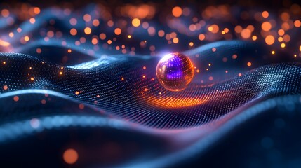 A particle passing through an energy barrier, visualized as a glowing particle moving through a shimmering force field, surrounded by quantum ripples