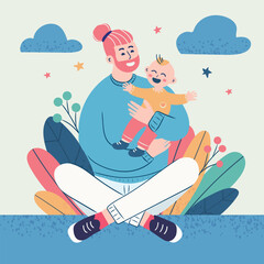 Funny illustration of father hugging his child with happy face. He is sitting in relaxed pose. In the background colorful plants, clouds, Father's Day. Art style, flat and cartoon, vector