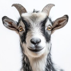 Fototapeta premium Close-up of a Cheerful Goat with Adorable Features Smiling Against a Clean White Background, Perfect Symbol of Happiness and Joy in Nature
