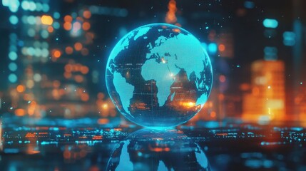 Glowing blue business chart hologram with globe on blurry background. Stock, trade and finance concept. 3D Rendering illustration