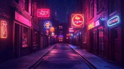 A background of bold neon signs in an urban alleyway.