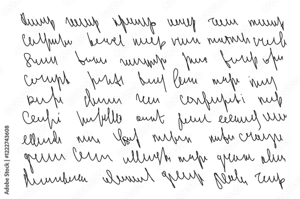 Poster handwritten scribble ink letter. freehand text note. unreadable doodle write by pencil isolated on w