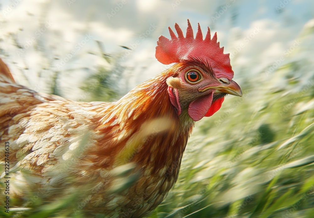 Poster close-up of a chicken in nature with beautiful feather details and soft focus background capturing l