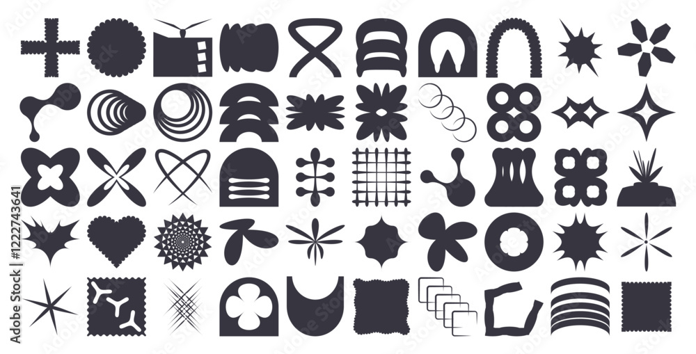 Poster geometric shapes set. brutalist figures pack. retro y2k forms. simple graphic distortion stickers. v