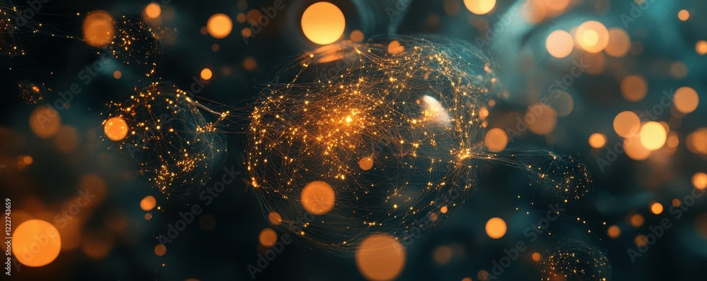 Poster glowing network of orange and teal particles in abstract digital web