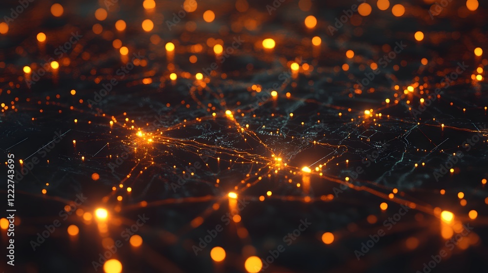 Poster a vast digital network of glowing nodes interconnected by shimmering data streams, stretching across