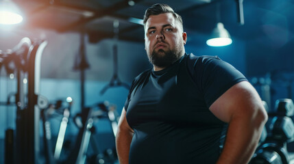 Man with a beard stands in a gym with a serious expression on his face