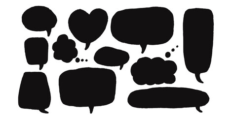 Speech bubbles set. Doodle text frames. Chat dialog boxes. Comic talk clouds isolated on white background. Childish style quotation balloon Vector hand drawn illustration.