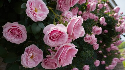 Vibrant closeup of lush pink climbing roses in full bloom, displaying delicate petals and rich green foliage, creating a stunning floral backdrop.