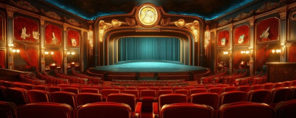 Vintage theater interior with red velvet seats and ornate gold detailing