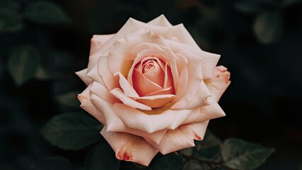 Delicate pink rose in full bloom centered against dark green leaves showcasing intricate petals and soft color gradients.