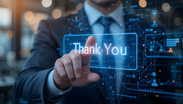 close-up of businessman touching a transparent screen Thank You in bright blue glow futuristic technology. virtual advance tech development - Powered by Adobe