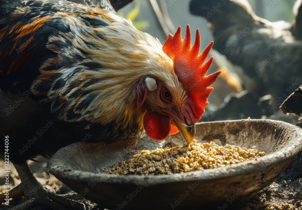 Poster close-up of a colorful rooster feeding on grain in a rustic farm setting with soft natural light cre
