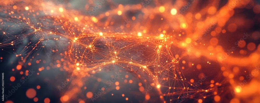 Poster glowing network of orange light nodes and lines in abstract digital pattern