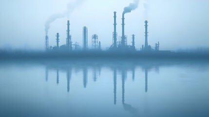 Fototapeta premium Industrial plant reflecting in foggy water