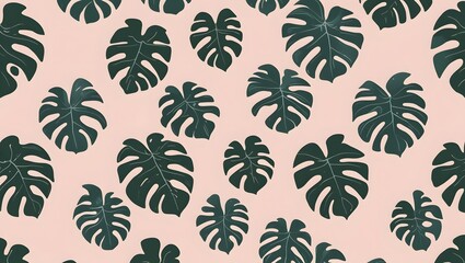 A seamless pattern featuring vibrant green monstera leaves against a soft pink background.