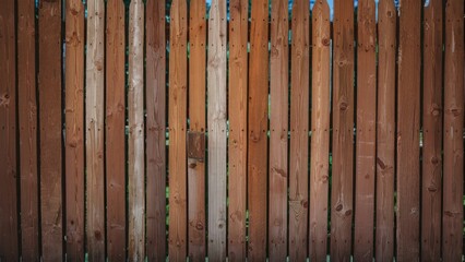 Weathered wooden plank fence with varying shades of brown, vertical alignment, textured surface, natural greenery visible in background.