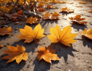 Obraz premium Golden light casting shadows on fallen autumn leaves with embedded crystals , outdoor scene, crystal clusters, autumn colors