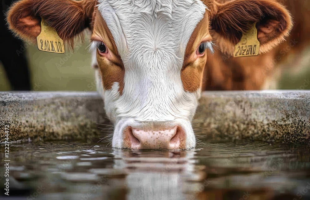 Poster close-up of a cow drinking water from a trough, showcasing its unique features and expression in a n