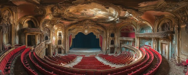 Obraz premium Abandoned ornate theater with red seats and decaying architecture