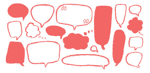 Speech bubbles set. Crayon doodle text boxes. Chat dialog clouds. Comic talk shapes by chalk or pencil isolated on white background. Childish style quotation balloon Vector hand drawn illustration.