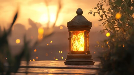 Enchanting lantern glowing amidst a sunrise landscape with shimmering embers dancing in the air