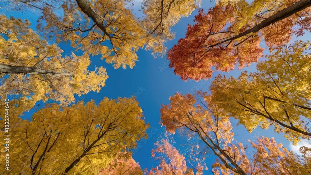 Canvas Prints Vibrant autumn foliage in shades of yellow, orange, and red frames a clear blue sky viewed from below among towering trees