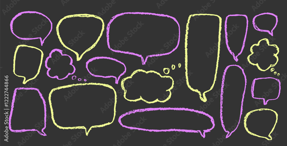 Poster speech bubbles doodle set. crayon doodle text borders. chat dialog boxes. comic talk text boxes by c