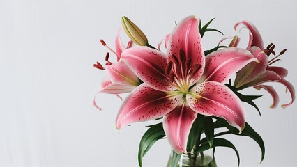 Fototapeta premium Vibrant pink lilies in a clear vase against a soft white background with green leaves elegantly arranged for a fresh floral display