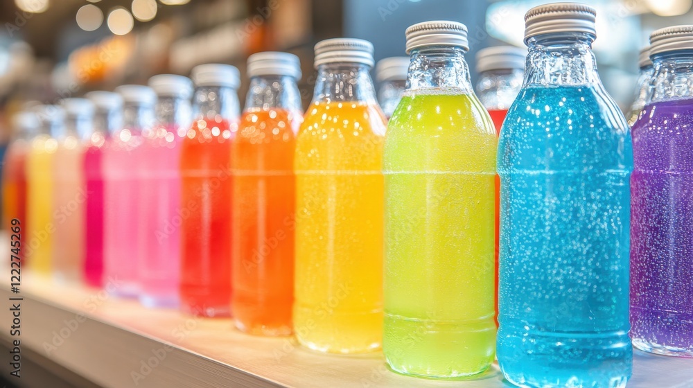 Poster colorful array of sparkling beverages displayed on a shelf in a vibrant market setting