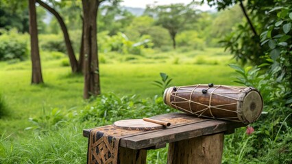 Fototapeta premium Gond instrument placed on a rustic wooden stand amidst lush greenery, outdoor decor, musical instrument, serene environment, wooden stand