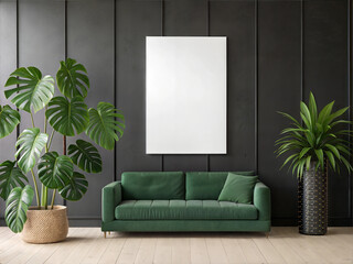 Canvas Mockup in Modern Living Room with Green Sofa and Blank Canvas. Vertical Poster Mockup. Empty Canvas