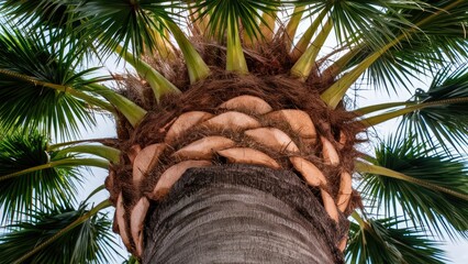 Closeup view of palm tree trunk showcasing intricate textures and patterns with vibrant green fronds above against a clear blue sky
