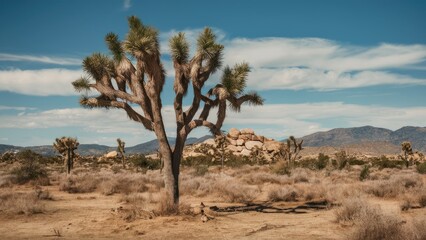 Desolate landscape featuring a solitary Joshua Tree against a clear blue sky with mountain backdrop and dry terrain in warm earthy tones.