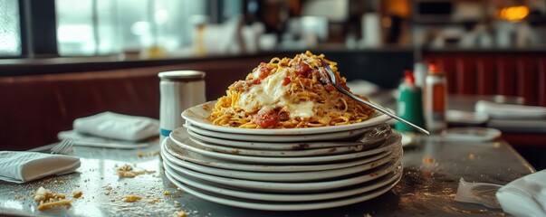 Stacked plates of uneaten greasy food on a dirty restaurant table, highlighting food waste and lack of hygiene, captured in a detailed shot.