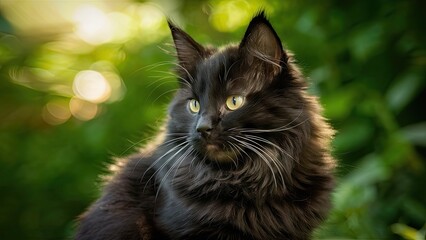Majestic black Maine Coon cat with lush fur and striking yellow eyes sitting gracefully amidst vibrant green foliage illuminated by soft sunlight.